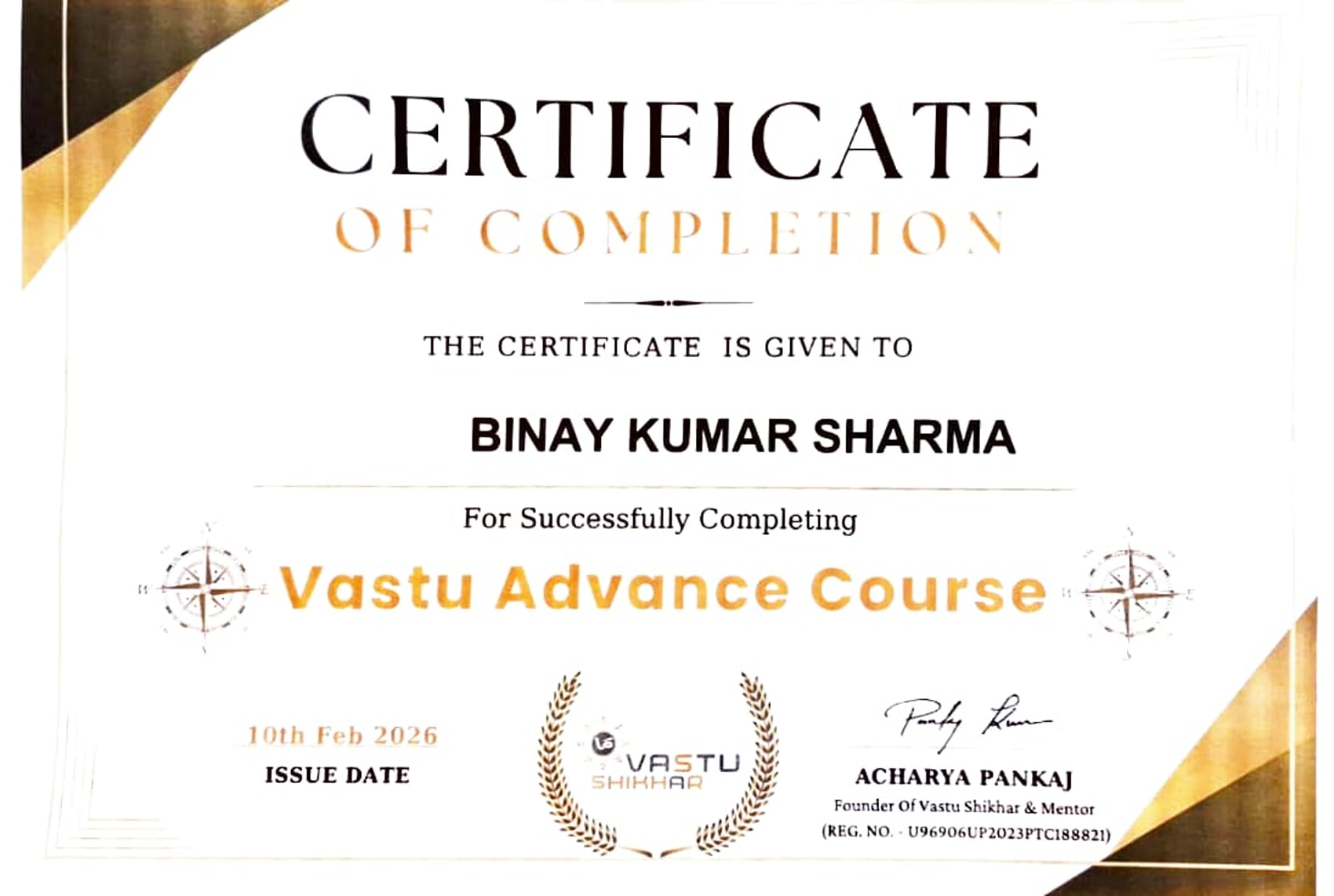 Vastu advanced course certificate preview